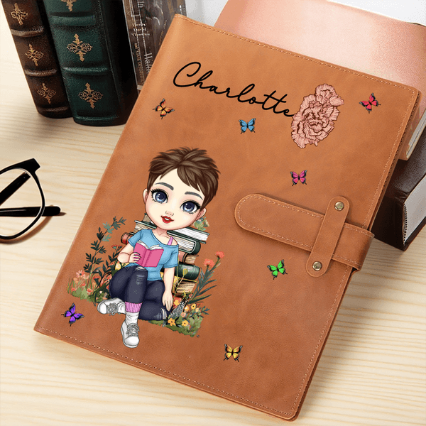 Personalized Birth Flower Butterfly Cartoon Reading Character A5 Sketchbook Notebook Cover with Name and Storage Pocket Birthday Gift for Family