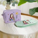 Personalizzato Cartoon lettura personaggio nascita fiore Multicolore strisce borsa trucco con nome e cerniera regalo di compleanno anniversario per donne ragazze