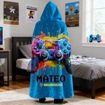 Personalised Gamepad Splatter Paint Soft Hooded Blanket with Name Home Decor Birthday Christmas Gift for Kids Game Lovers