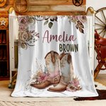 Personalised Floral Cowgirl Boots Western Soft Throw Blanket with Name Home Decor Western Nursery Birthday Gift for Cowgirls Friends