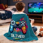 Personalised Gamepad Splatter Paint Soft Hooded Blanket with Name Home Decor Birthday Christmas Gift for Kids Game Lovers