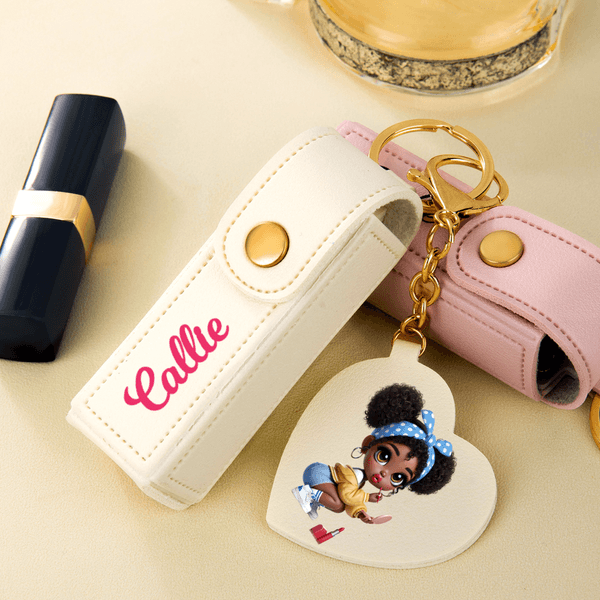 Personalized Cartoon Black Girl PU Leather Lipstick Case Keychain with Name and Heart-Shaped Mirror Birthday Anniversary Gift for Women Girls