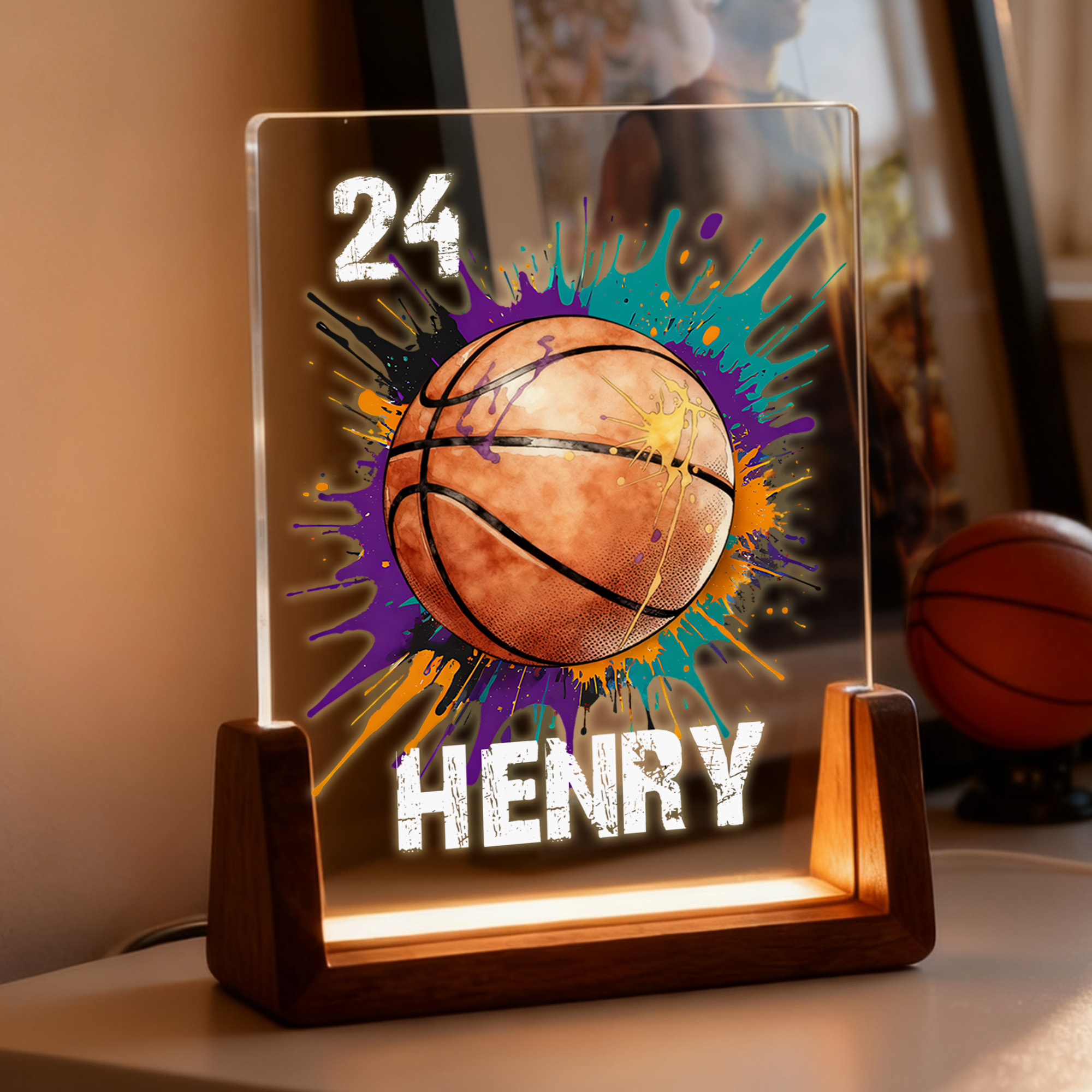 Veilleuse LED en acrylique avec base en bois et nom Numéro Décoration de bureau Cadeau d'anniversaire pour les amoureux du sport