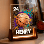 Personalized Splatter Style Ball Design Acrylic LED Night Light with Wooden Base and Name Number Desk Decor Birthday Gift for Sports Lovers