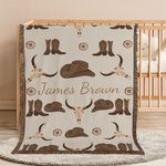 Personalised Cowboy Hat Boots Cow Skull Soft Throw Blanket with Tassels and Name Home Decor Birthday Christmas Gift for Cowboy Cowgirl