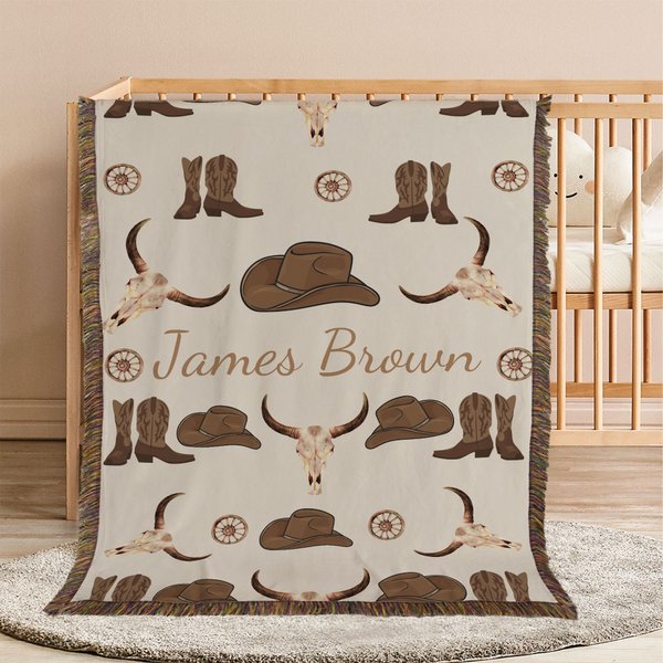 Personalised Cowboy Hat Boots Cow Skull Soft Throw Blanket with Tassels and Name Home Decor Birthday Christmas Gift for Cowboy Cowgirl