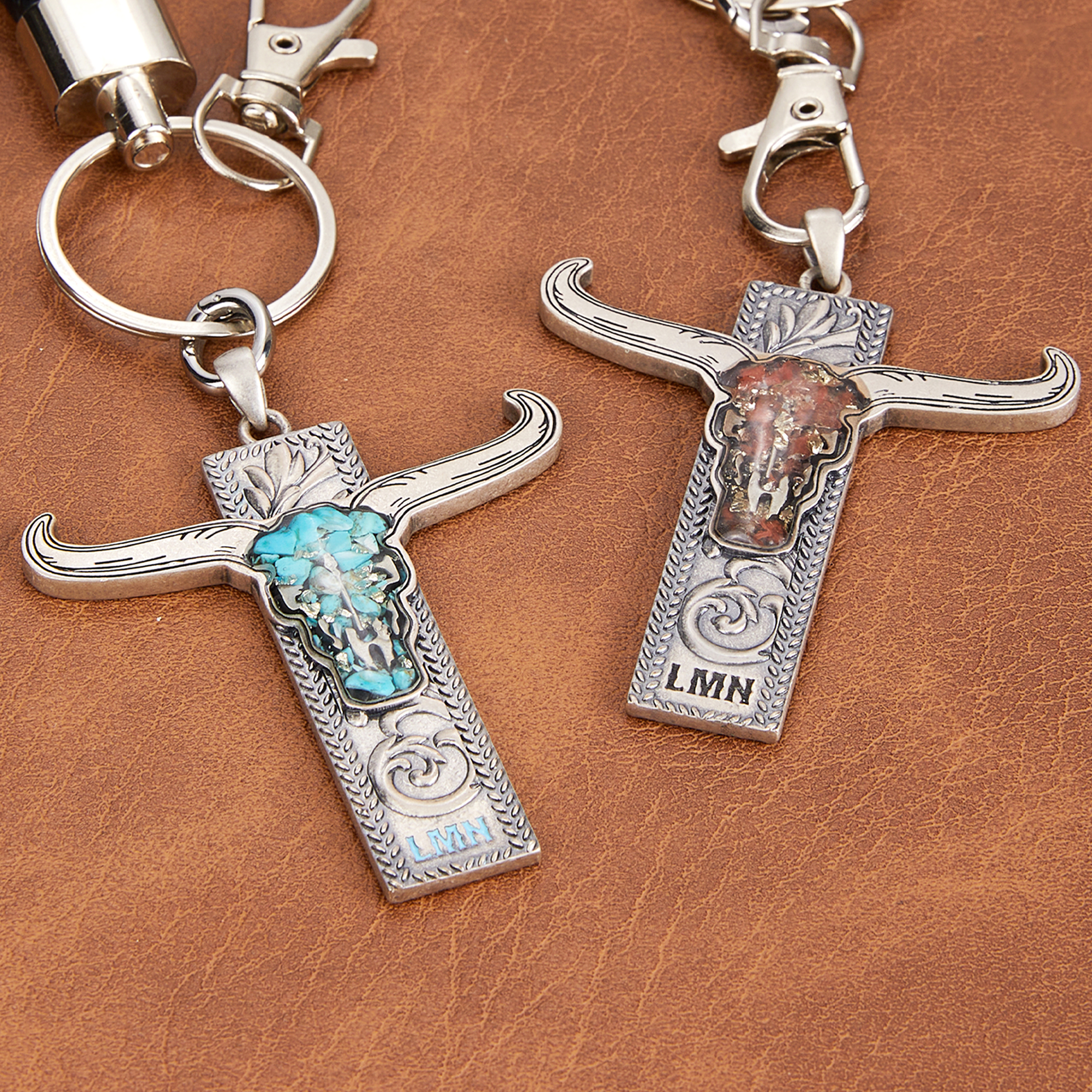 Porte-clés personnalisé en pierre naturelle Longhorn Skull Western Cow avec lettres et corde tressée Music Festivals Birthday Gift for Cowboy