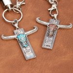 Personalized Natural Stone Longhorn Skull Western Cow Key Chain with Letters and Braided Rope Music Festivals Birthday Gift for Cowboy