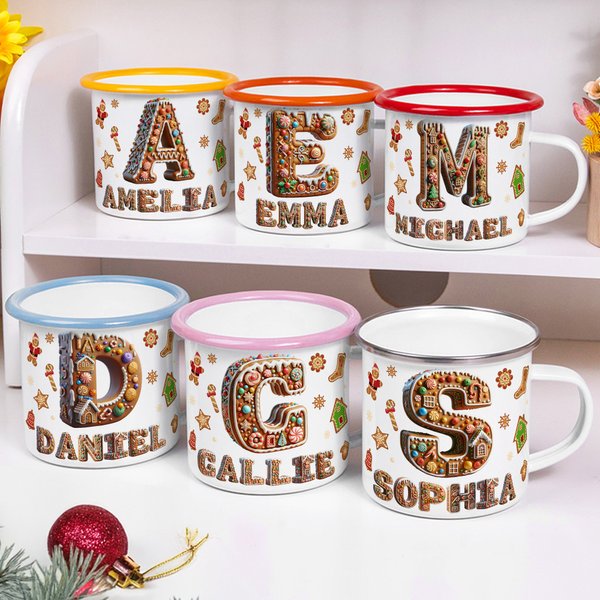 Personalized Gingerbread Candy Initial 12 oz Enamel Mug with Name Daily Use Christmas Gift for Kid Family