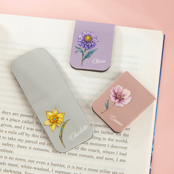 Personalized Retro Birth Flower Magnetic PU Leather Bookmark Clip with Name Book Club Birthday Gift for Reading Lovers Bookworms