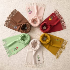 Personalised Colourful Embroidered Birth Flower Soft Warm Tassel Scarf with Name Anniversary Birthday Christmas Gift for Women Men