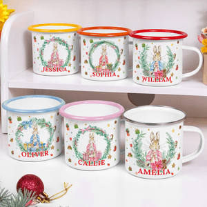 Personlig tecknad Peter Rabbit 12 oz emaljmugg med färgad kant och namn Julklapp för familj och barn