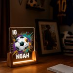 Personalized Splatter Style Ball Design Acrylic LED Night Light with Wooden Base and Name Number Desk Decor Birthday Gift for Sports Lovers