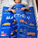 Personalized Construction Truck Blanket with Name – Soft Anti-Pilling Flannel Toddler Throw Gift for Kids