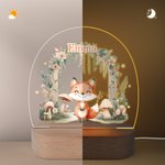 Luce notturna a LED in acrilico con nome e base in legno, personalizzata con animali della foresta, decorazione per l'asilo, regalo di compleanno per bambini e bambine.