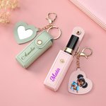 Personalized Cartoon Black Girl PU Leather Lipstick Case Keychain with Name and Heart-Shaped Mirror Birthday Anniversary Gift for Women Girls
