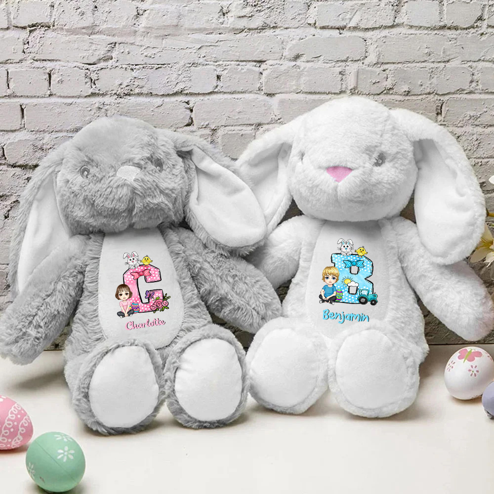 Lapin en Peluche Personnalisé avec Nom Initiale et Motif de Personnage Desin Animé Cadeau Anniversaire Fête de Pâques pour Enfants