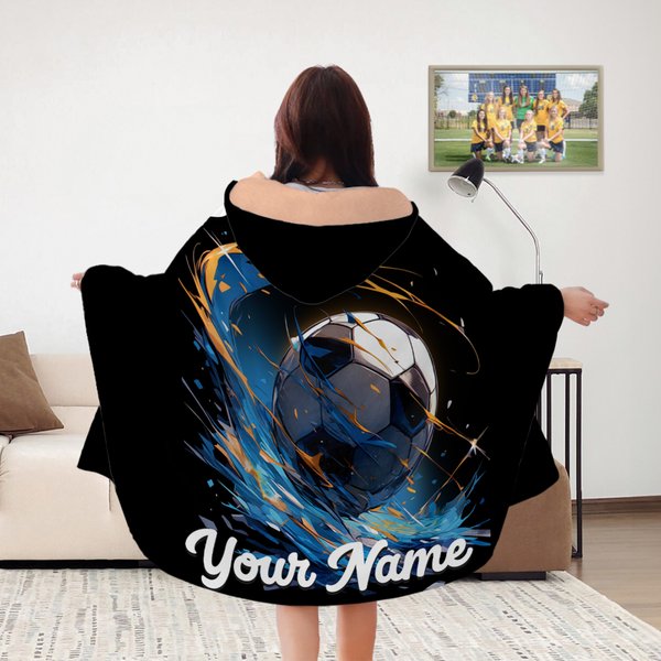 Gepersonaliseerde Dynamic Soccer Zachte Hooded Deken met Naam Home Decor Verjaardagscadeau voor kinderen voetballiefhebbers