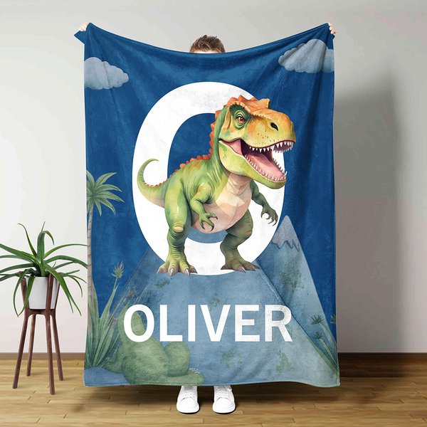 Personalised Cute Dinosaur Soft Throw Blanket with Initial Name Birthday Home Decor Baby Shower Gift for Kids