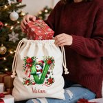 Personalizzato Campane di Natale Pupazzo di Neve Grande Borsa regalo in tela con coulisse con iniziale e nome Regalo di Natale per la famiglia e gli amici