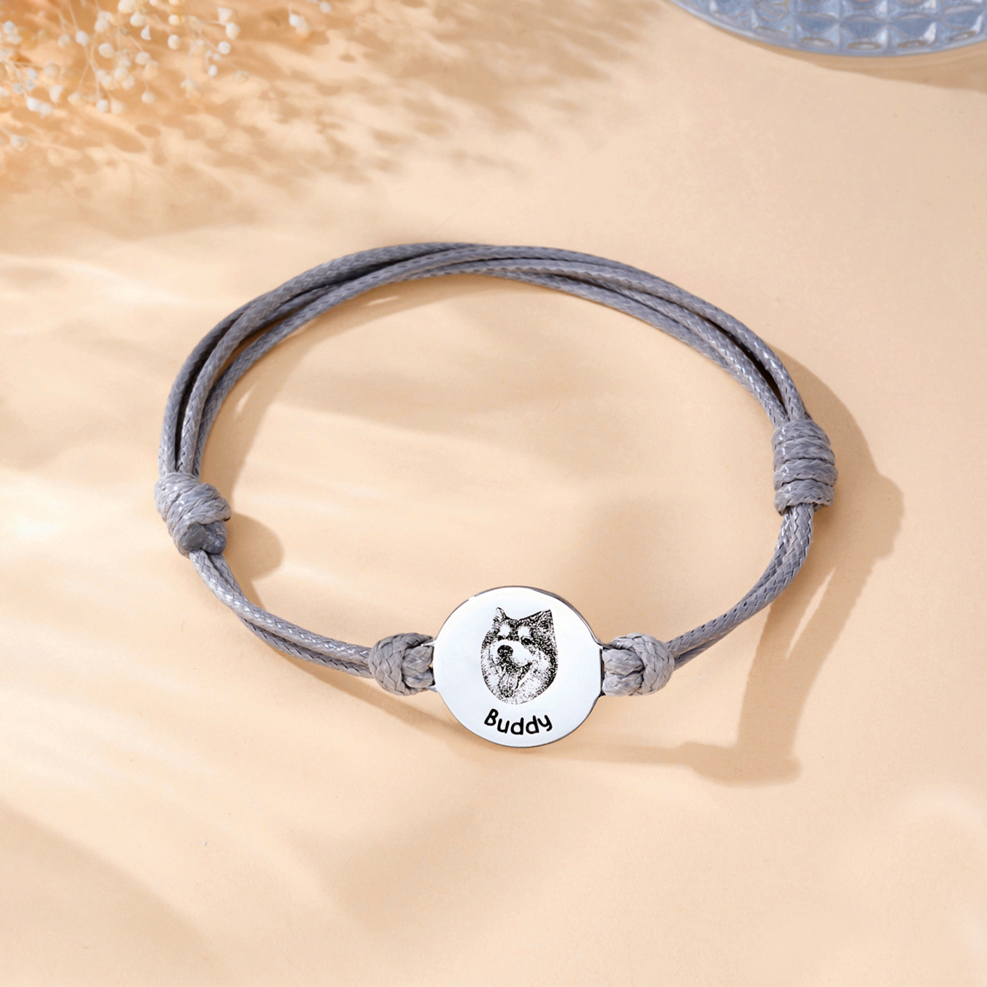 Bracelet ajustable personnalisé avec photo du visage de l’animal et nom gravé - Cadeau commémoratif pour amoureux des animaux