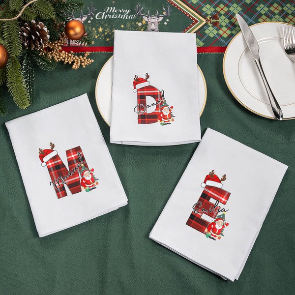 Servilleta navideña blanca personalizada 100% algodón reutilizable con Papá Noel y nombre decoración de mesa regalo de Navidad para familia y amigos