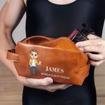 Personalised Cartoon Man Character PU Leather Toiletry Bag with Name and Text Travel Accessories Birthday Christmas Gift for Man Father