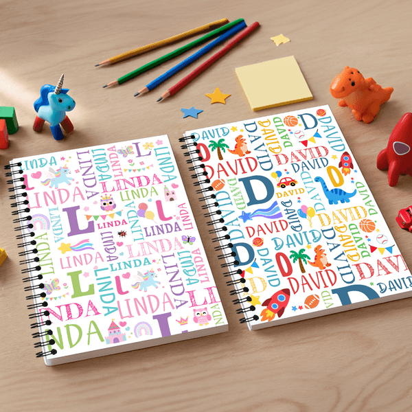 Personalized Fantasy Unicorn Dinosaur Name Cloud A5 Spiral Notebook with Initial and 120 Lined Pages Birthday Back to School Gift for Kids