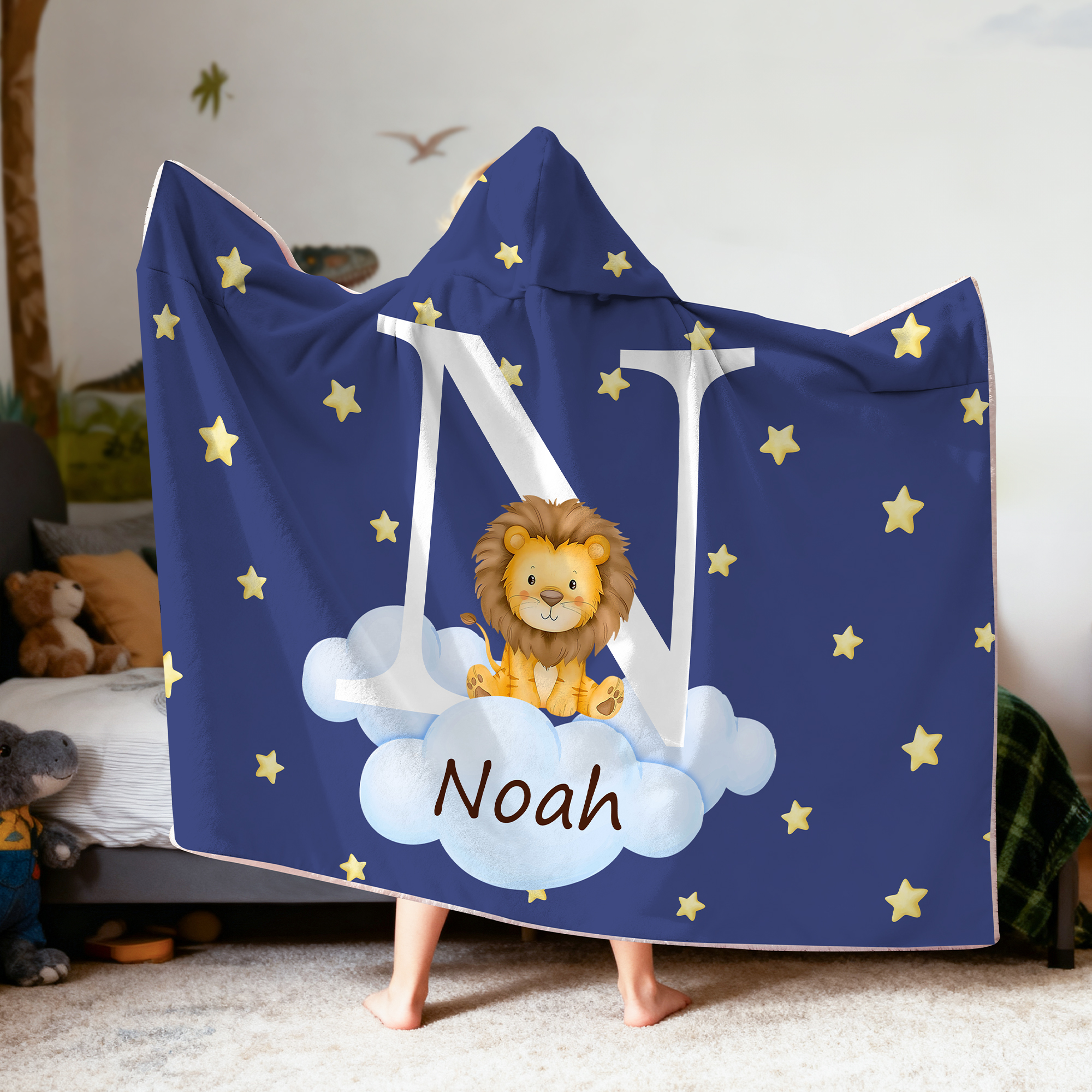 Couverture à capuche personnalisée avec initiales et nom pour les animaux de la forêt, les nuages et les étoiles. Cadeau d'anniversaire pour les garçons et les filles.