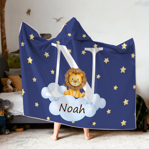 Personalised Forest Animal Cloud Star Multicolour Soft Hooded Blanket with Initial and Name Birthday Christmas Party Gift for Boys Girls