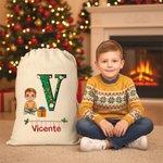 Bolsa de regalo personalizada de cordón con personaje de dibujos animados inicial y nombre regalo de Navidad para niños y familia