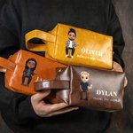Personalised Cartoon Man Character PU Leather Toiletry Bag with Name and Text Travel Accessories Birthday Christmas Gift for Man Father