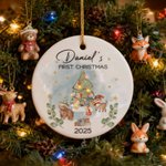Personalized Cute Christmas Tree Cartoon Animals Ceramic Christmas Ornament with Name First Second Christmas Decor Gift for Baby Kids