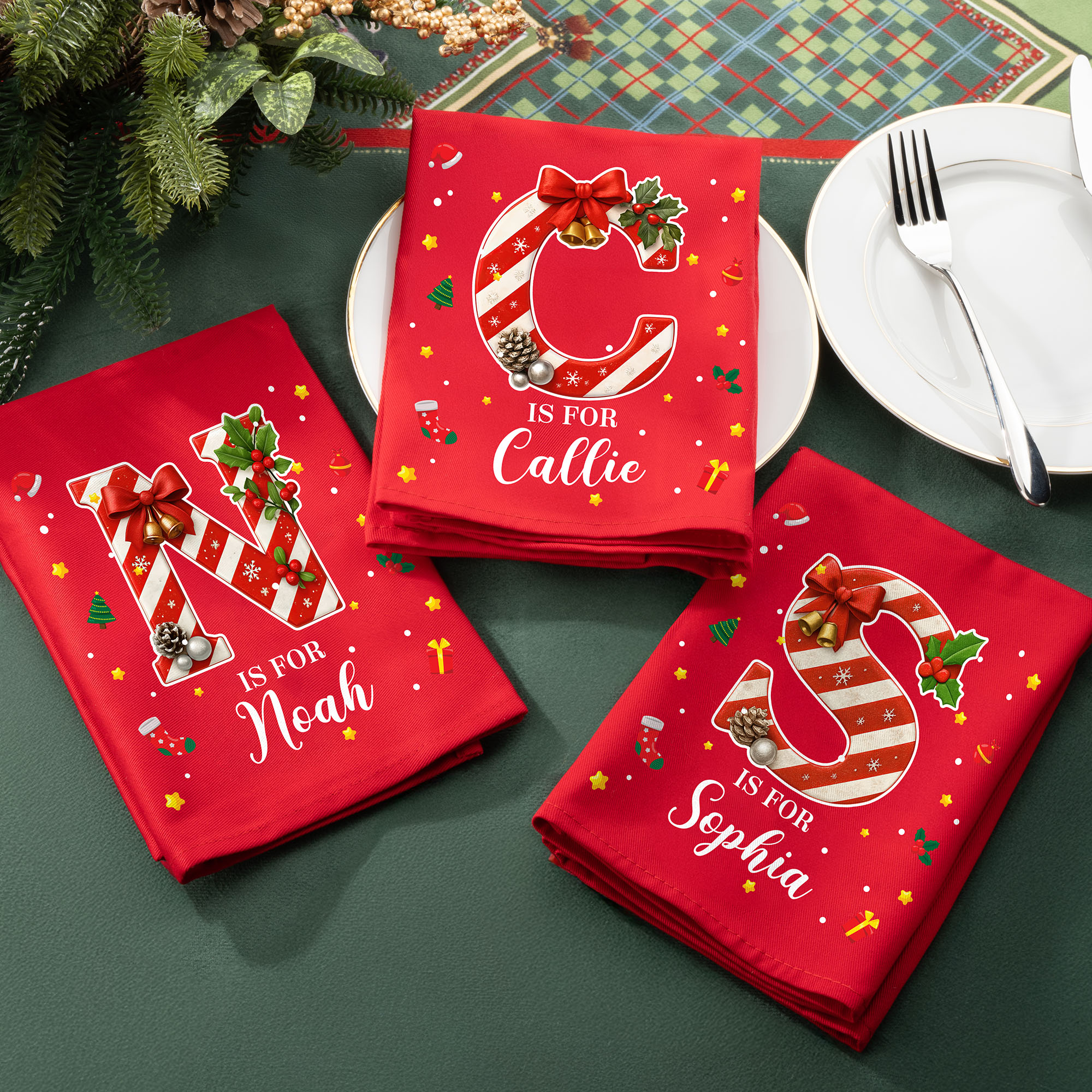 Serviette de table rouge en coton 100% coton avec nom Décoration de table Cadeau de Noël pour la famille et les amis