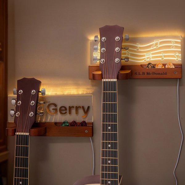 Personalized Wooden Musical Note LED Guitar Wall Mount Hanger with Engraved Name Home Decor Music Studio Birthday Gift for Guitar Player Lover