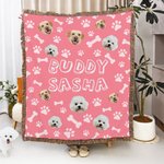Personalised Pet Photo Paw Print Fish Bone Soft Tassel Blanket with Name Home Decor Christmas Birthday Gift for Pet Lover