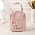 Personalized Birth Flower Name Portable PU Leather Makeup Bag with Handle and Multiple Compartments Travel Accessories Birthday Gift for Women Girls