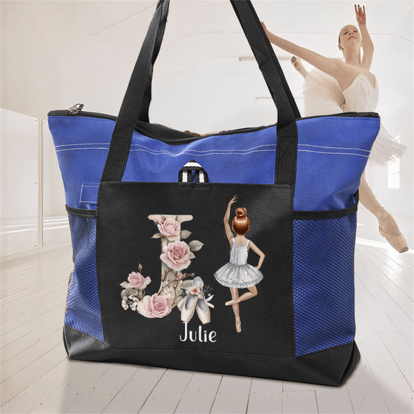 Personalized Cartoon Ballet Girl Large Capacity Tote Bag with Name and Mesh Pockets Christmas Birthday Gift for Friends Ballet Dance Lovers