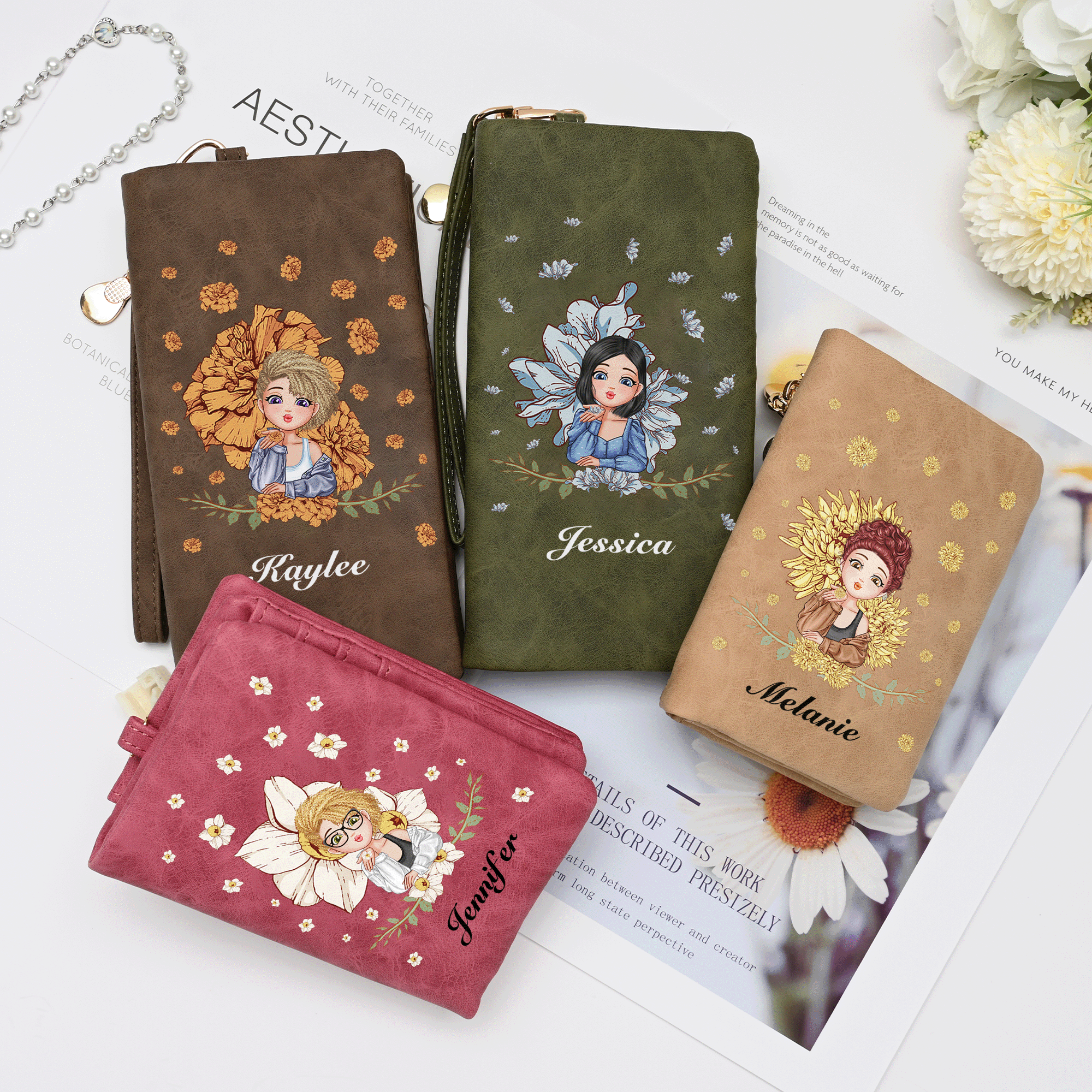 Portefeuille Plié en Cuir PU Personnalisé avec Personnage Cartoon Fleur de Naissance et Nom Portefeuille avec Bracelet Cadeau Anniversaire pour Femme