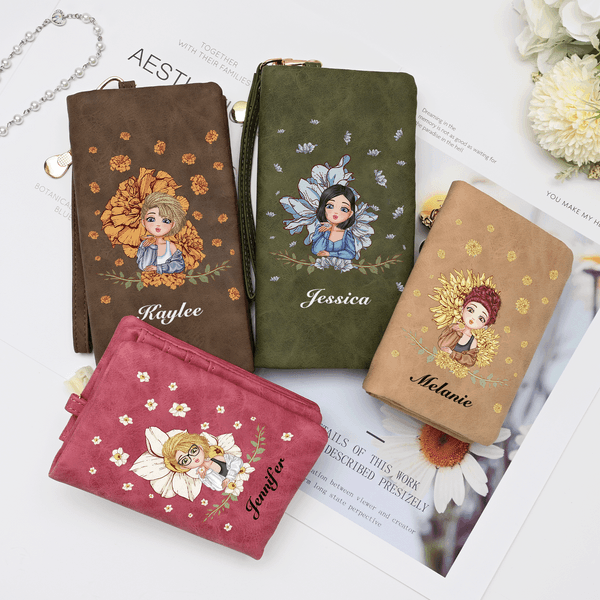 Personalized Cartoon Girl Flying Birth Flower PU Leather Folded Wristlet Wallet with Name and Multiple Card Slots Birthday Anniversary Gift for Women