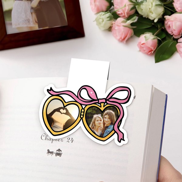 Personalised Bow Heart Locket Magnetic Bookmark Clip with 2 Photos Reading Accessory Christmas Birthday Gift for Book Lovers Bookworms