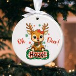 Personalisierte niedlichen Cartoon Rentier Weihnachten Lichter Schneeflocke Keramik Weihnachtsschmuck mit Namen Home Decor Weihnachtsgeschenk für Kinder Familie