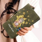 Personalized Cartoon Girl Flying Birth Flower PU Leather Folded Wristlet Wallet with Name and Multiple Card Slots Birthday Anniversary Gift for Women