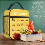 Personalised Construction Lorry Excavator Bulldozer Insulated Lunch Bag with Name Portable Picnic Back to School Gift for Boys Lorry Lovers