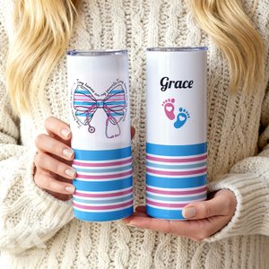 Personalised Bow and Footprint Insulated 20 oz Skinny Tumbler with Name and Straw  Baby Blanket Print Birthday Christmas Gift for NICU Nurse