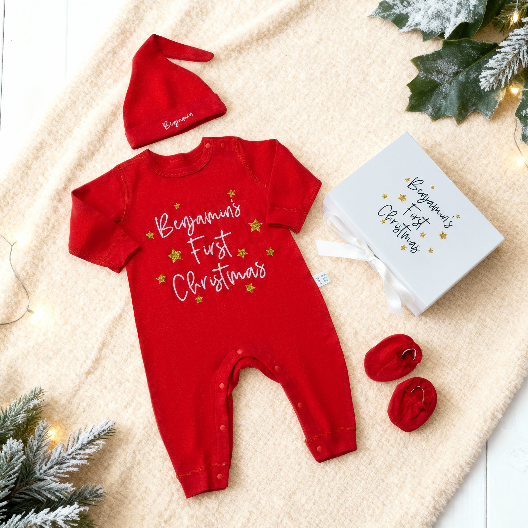 Chapeau de bébé 100% coton avec boîte cadeau et nom Cadeau de douche de bébé pour le 1er Noël du nouveau-né