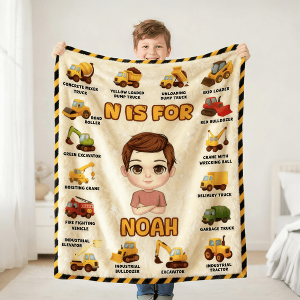 Personalized Excavator Cartoon Character Soft Throw Blanket with Name and Initial Nursery Room Decor Birthday Gift for Boys Girls