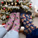 Personalized Multicolour 1-3 Pet Face Photos Christmas Hat Comfortable Mid-Calf Socks with Name Daily Use Christmas Gift for Pet Owners