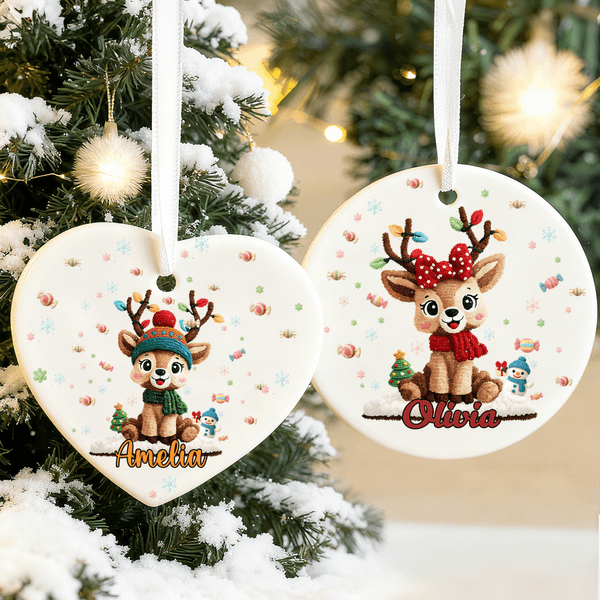 Personalised Christmas Elk Heart Round Ceramic Ornament with Name Tree Decor Christmas Gift for Family Friends