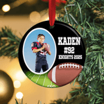 Personlig amerikansk fotboll fotoprydnad med namn nummer och år hem träddekoration julklapp för sportälskare